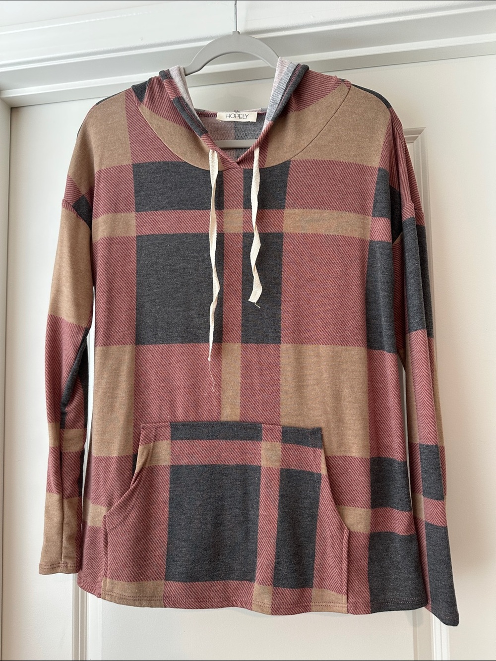 Hooray Plaid Lightweight Hoodie – Taupe, Dusty Rose & Charcoal